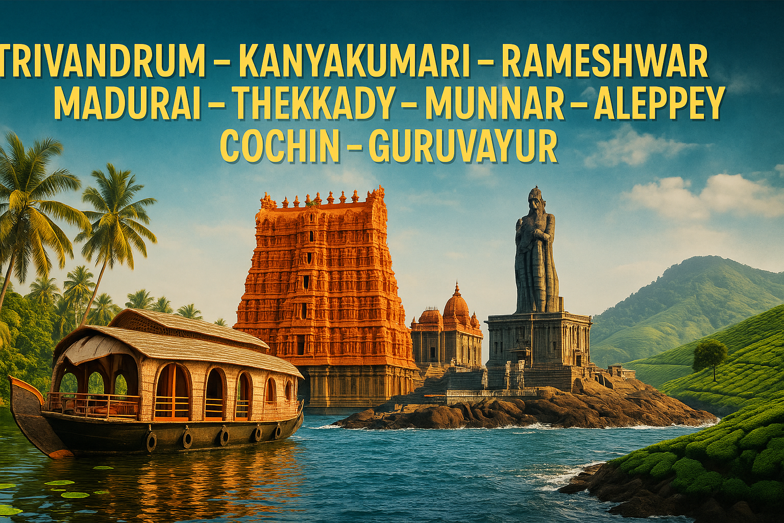 Trivandrum – Kanyakumari – Rameshwar – Madurai – Thekkady  Munnar – Alleppey – Cochin – Guruvayur